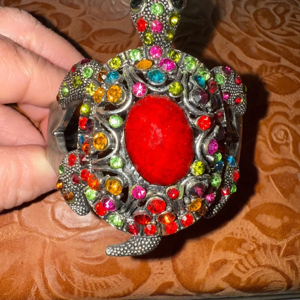 Vintage Turtle Rhinestone encrusted massive turtle bracelet Glitzy Statement